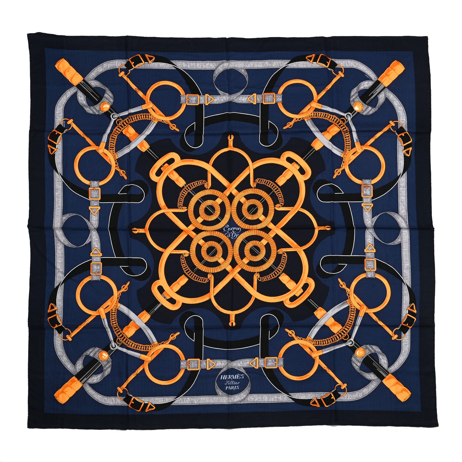 Hermes Cashmere Silk Eperon D'Or Shawl 140 Marine Miel Gris 1 of 6