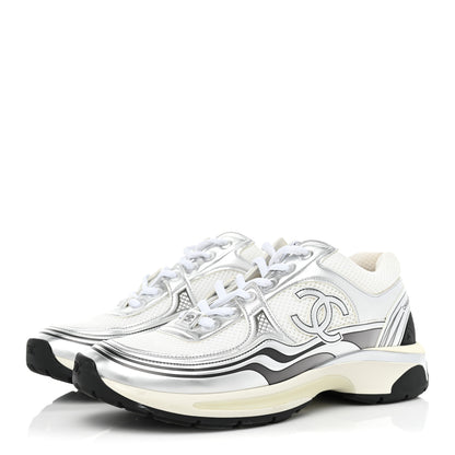 Chanel Fabric Laminated Calfskin Stretch CC Sneakers 39.5 White Silver 3 of 11
