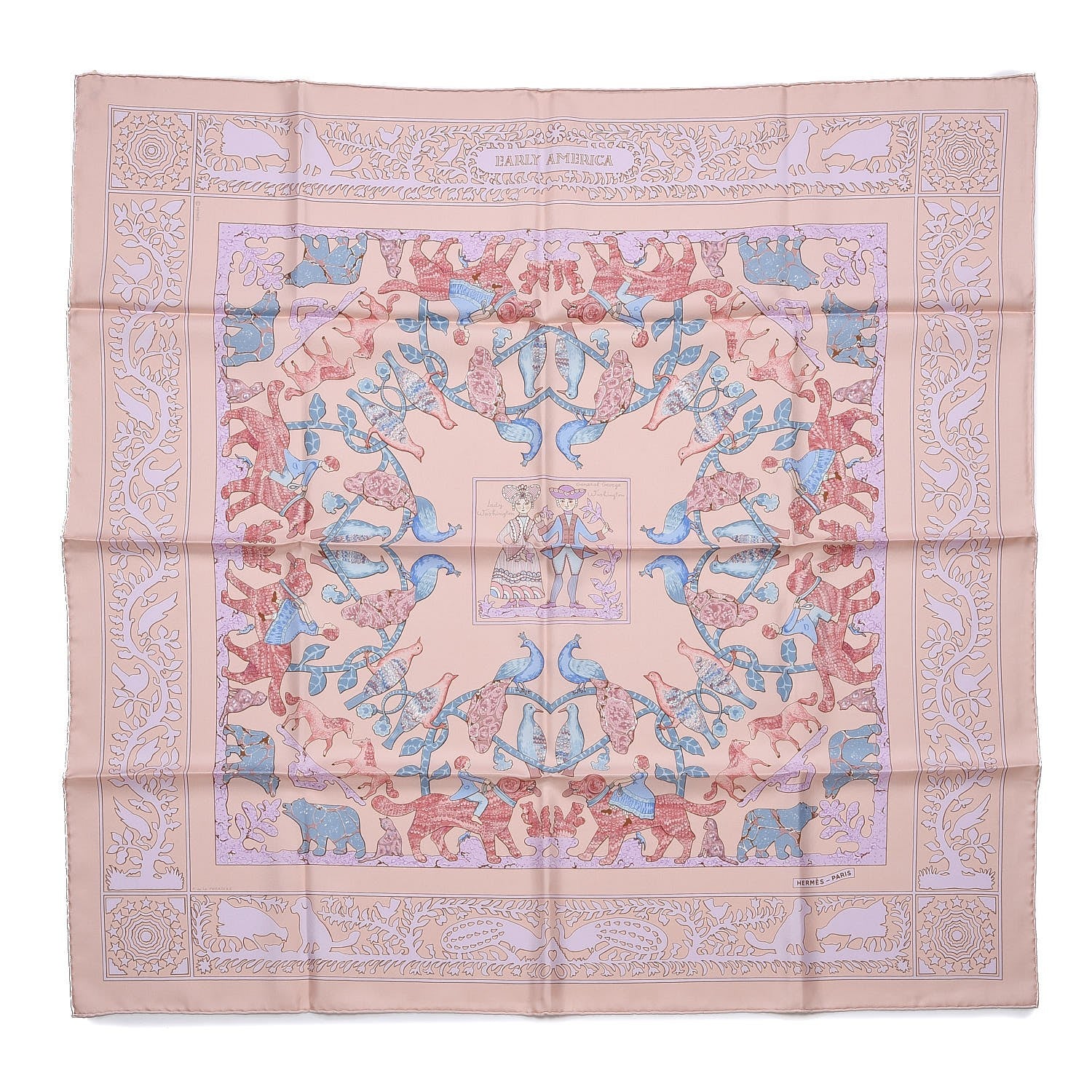 Hermes Silk Early America Scarf 90 Rose Pale Blue Jean Glycine 1 of 7