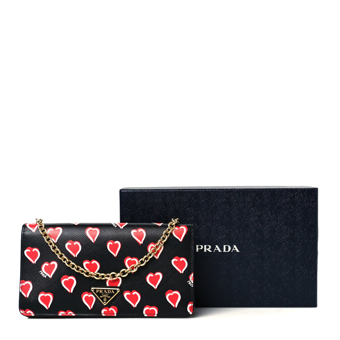Saffiano Heart Print Mini Wallet On Chain Black
