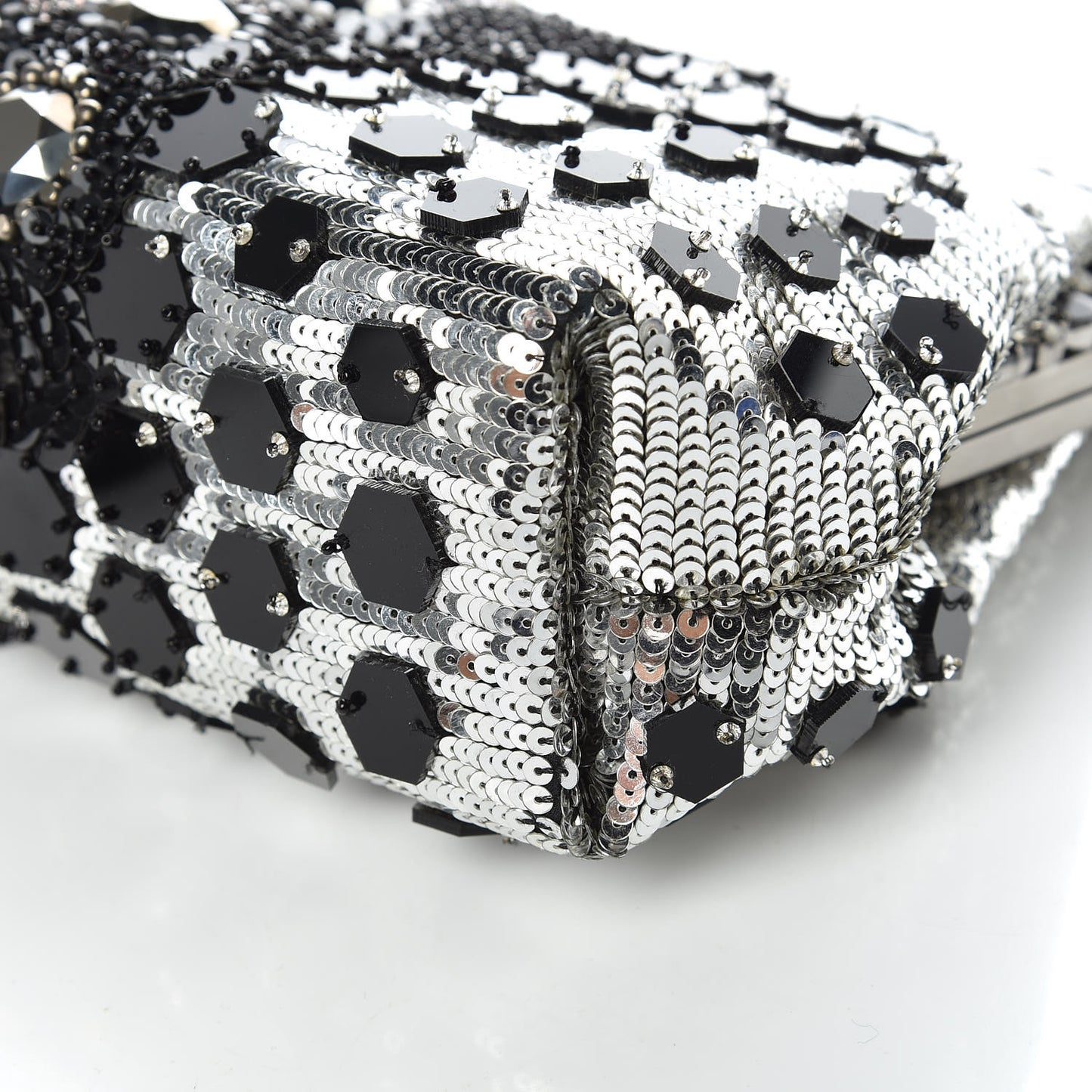 Satin Sequin Crystal Embellished Vanda Circles Chain Clutch Black