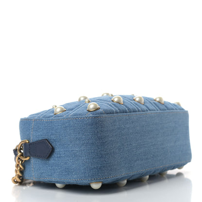 Gucci Denim Matelasse Pearl Studded Small GG Marmont Chain Shoulder Bag Blue 4 of 9