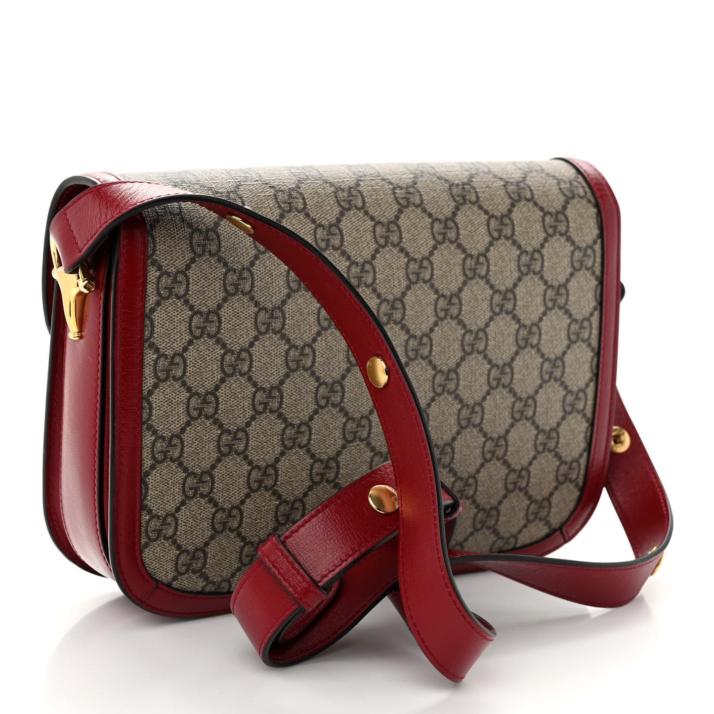 GG Supreme Monogram Azalea Calfskin Horsebit 1955 Shoulder Bag Beige Ebony New Cherry Red