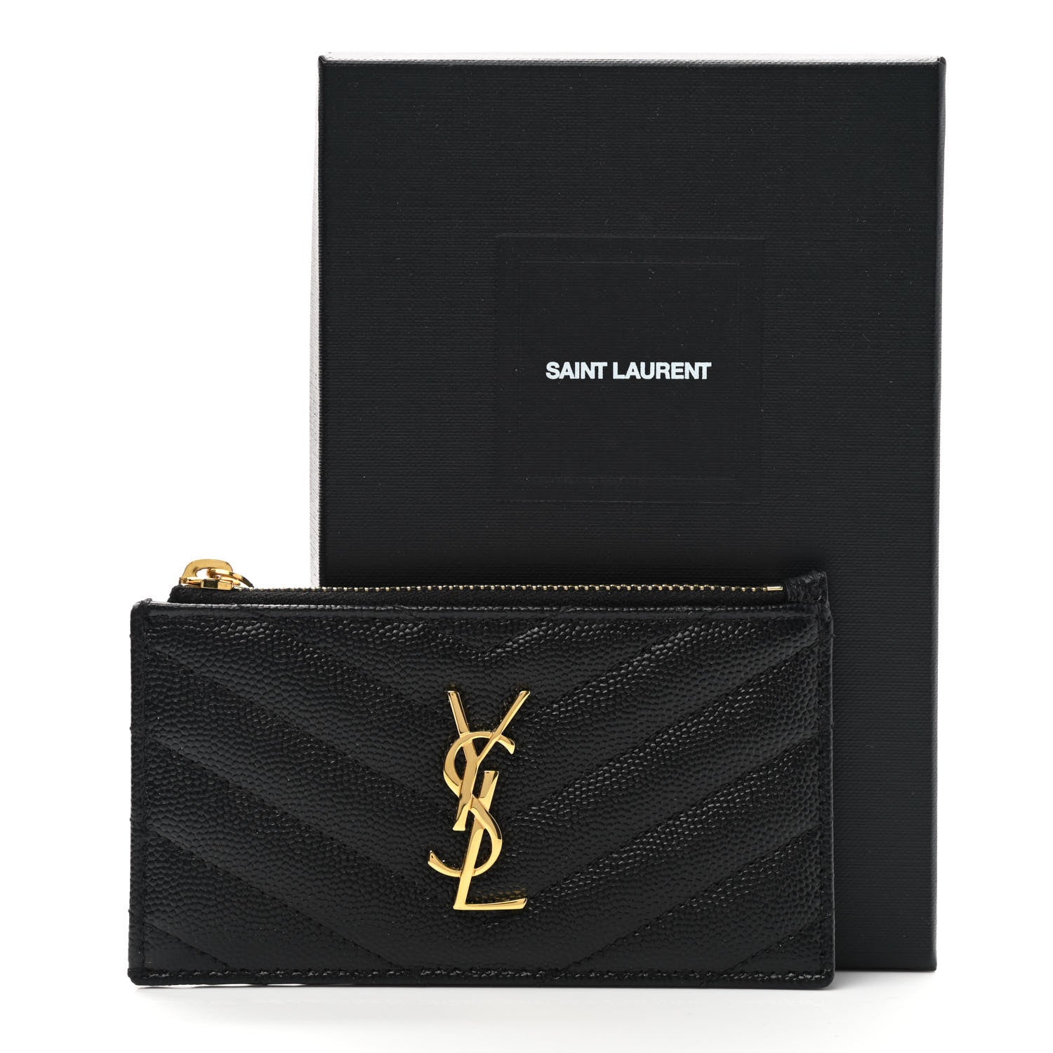 Saint Laurent Grain De Poudre Matelasse Chevron Monogram Fragments Zippered Card Case Black 7 of 7