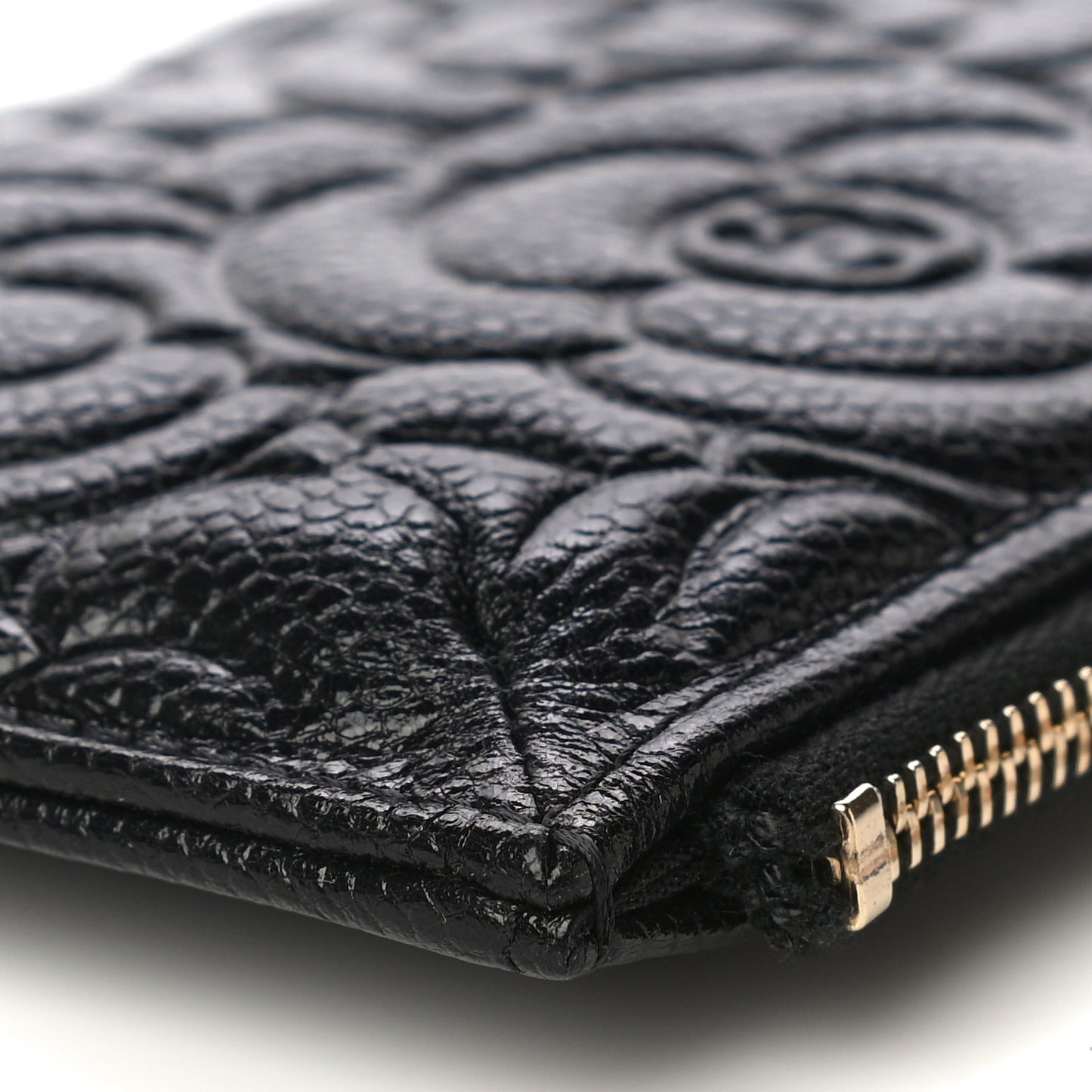 Caviar Camellia Embossed Classic Flat Wallet Pouch Black