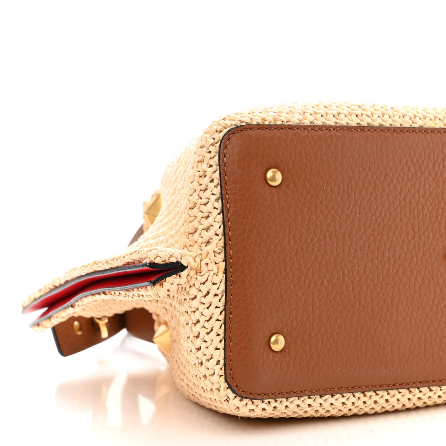Raffia Grained Calfskin Small Rockstud Vlogo Tote Naturale