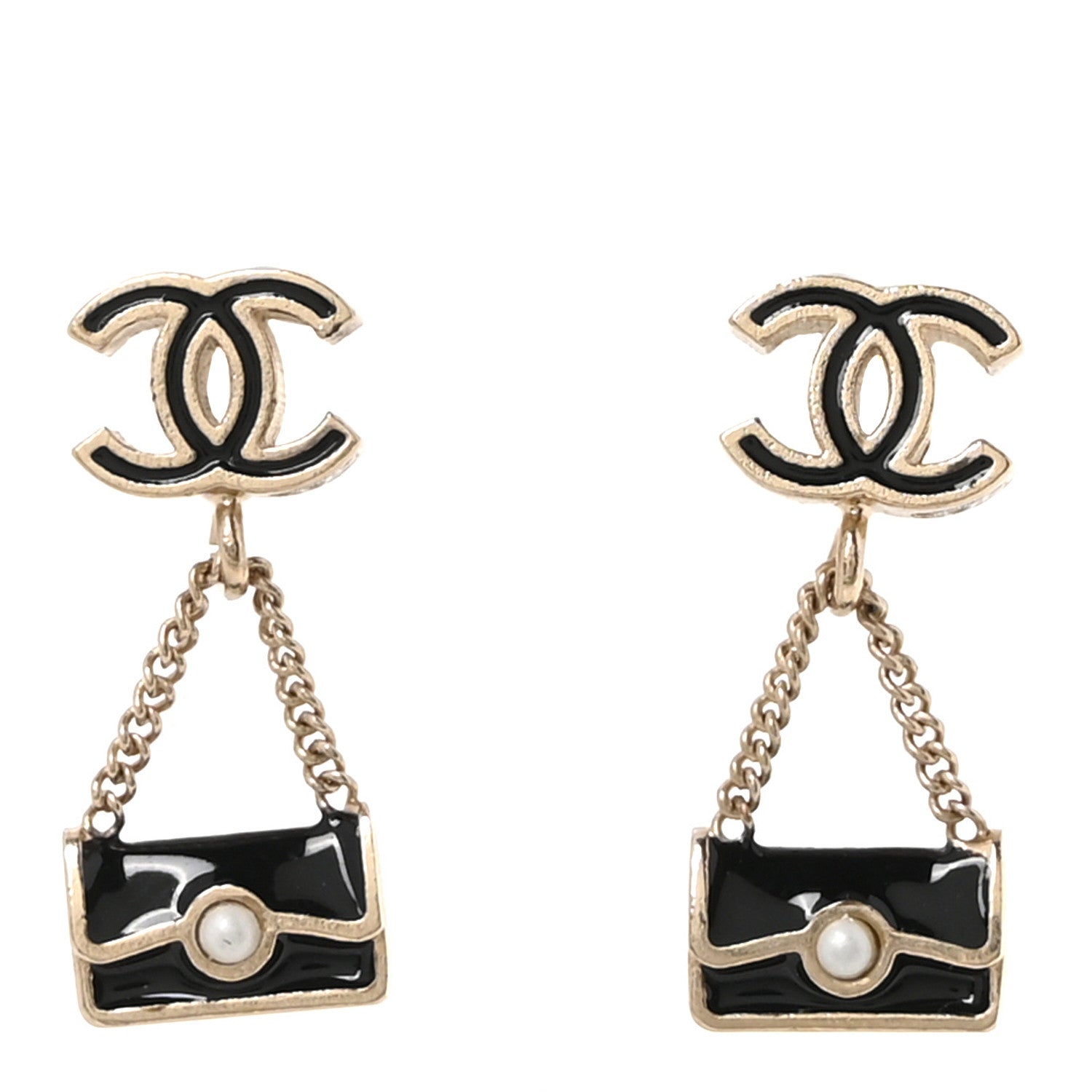Chanel Enamel Pearl CC Flap Bag Drop Earrings Black Gold 1 of 4