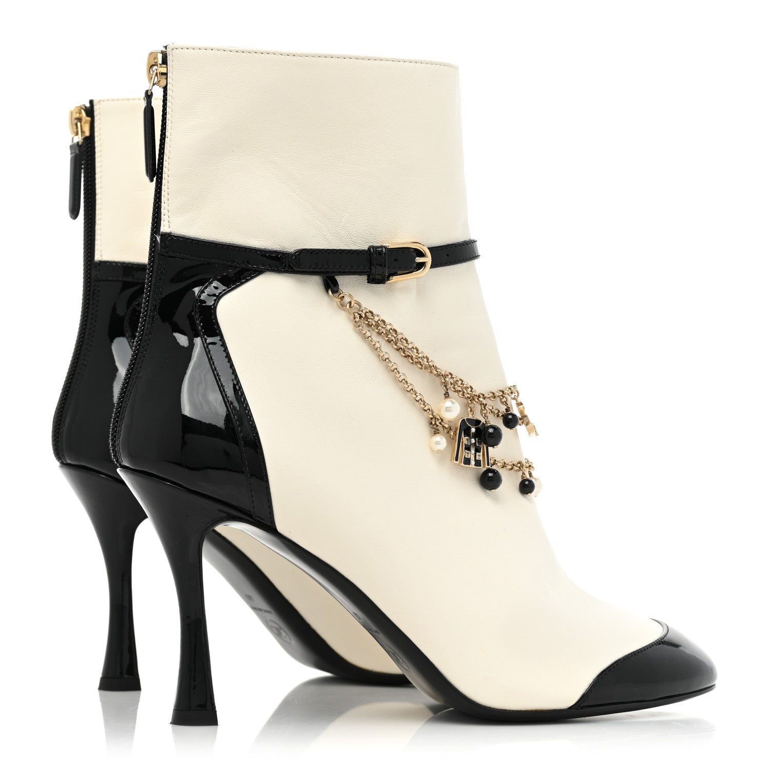 Chanel Lambskin Patent Calfskin Charms Ankle Boots 40 Ivory Black 4 of 8