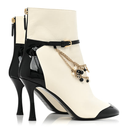 Chanel Lambskin Patent Calfskin Charms Ankle Boots 40 Ivory Black 4 of 8