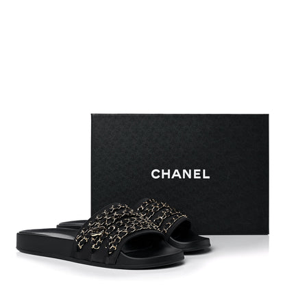 Chanel Satin Canvas Chain Slides Sandals Flats 41 Marine 10 of 10