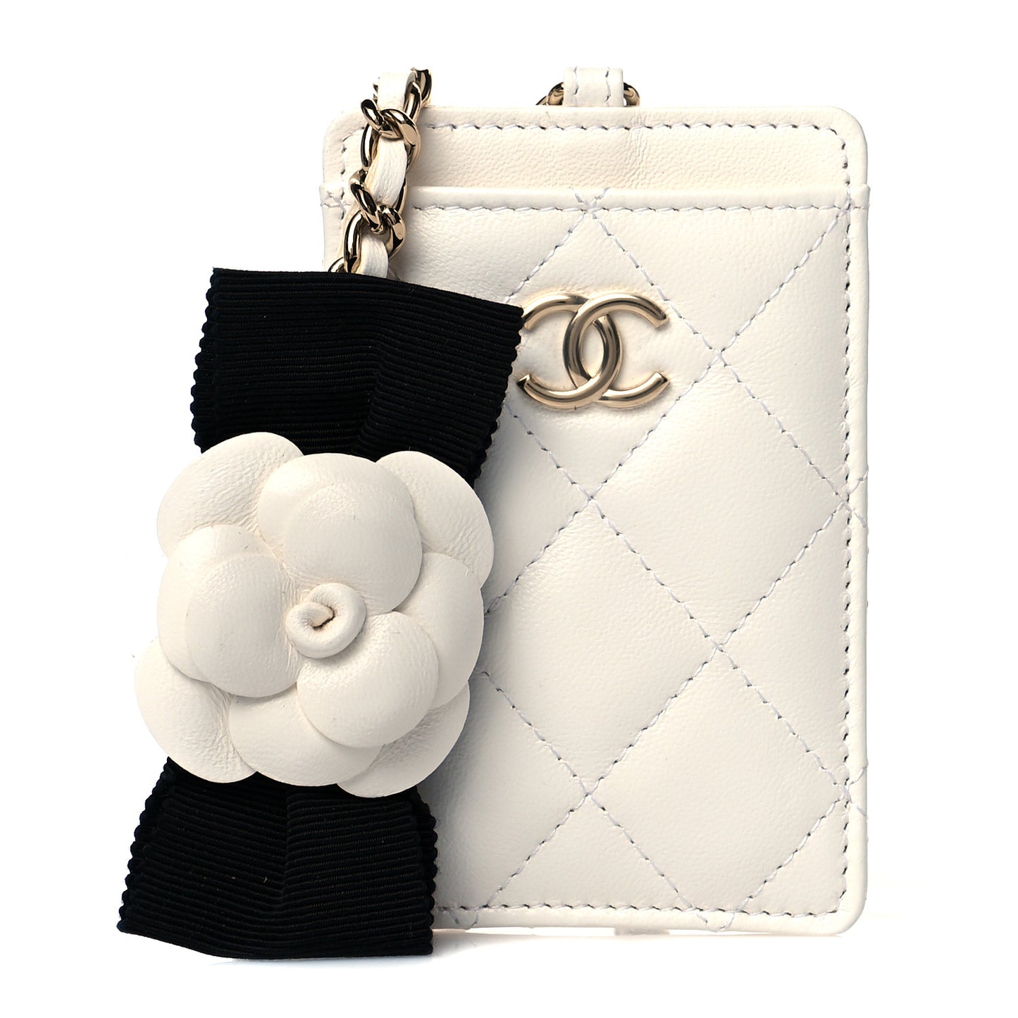 Lambskin Quilted Camellia Bow Card Holder On Chain White