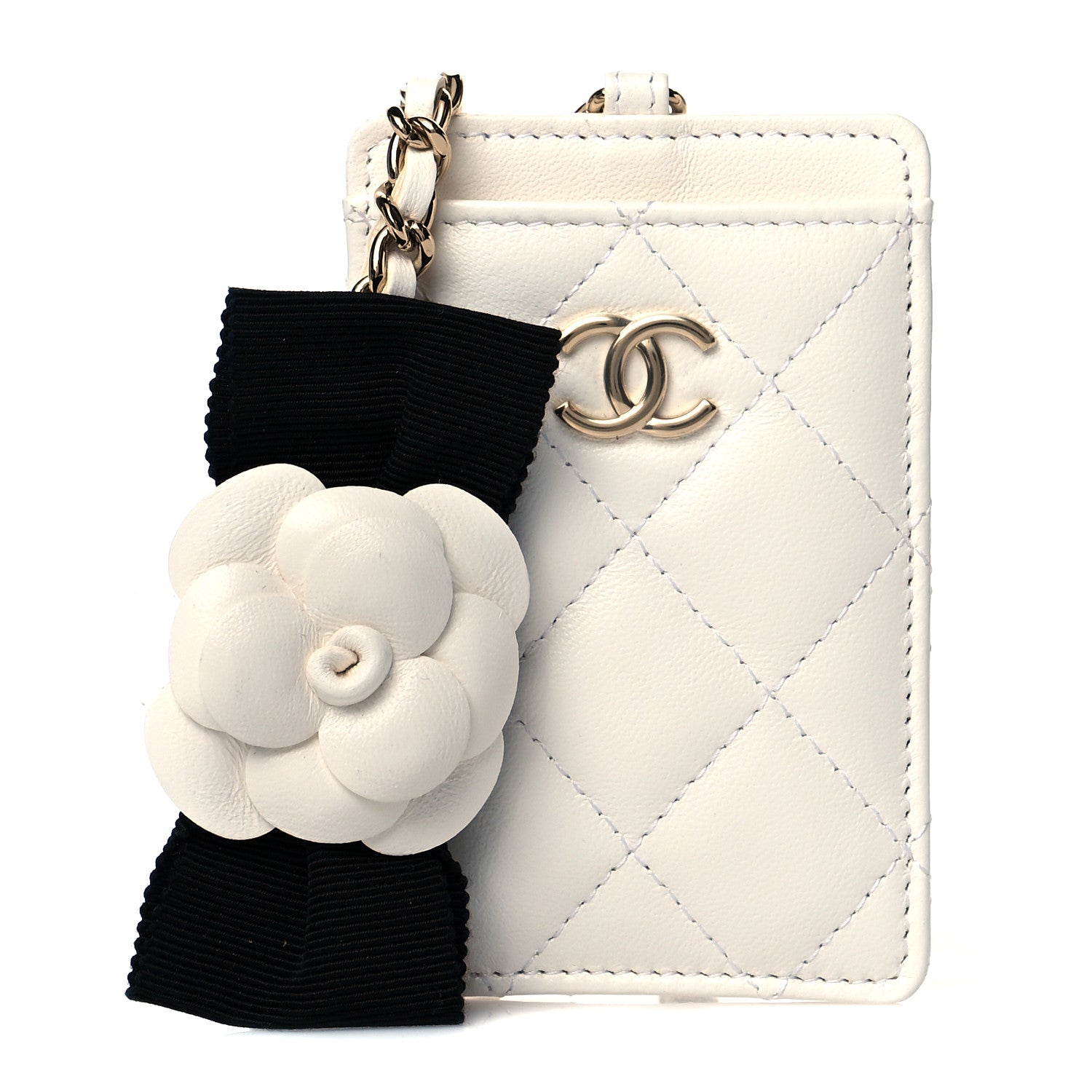 Chanel Lambskin Quilted Camellia Bow Card Holder On Chain White 1 of 11
