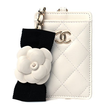 Chanel Lambskin Quilted Camellia Bow Card Holder On Chain White 1 of 11