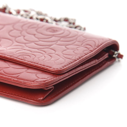 Chanel Lambskin Camellia Embossed Wallet On Chain WOC Dark Red 12 of 13