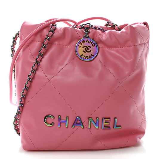 Shiny Calfskin Quilted Rainbow Metal Mini Chanel 22 Coral Pink