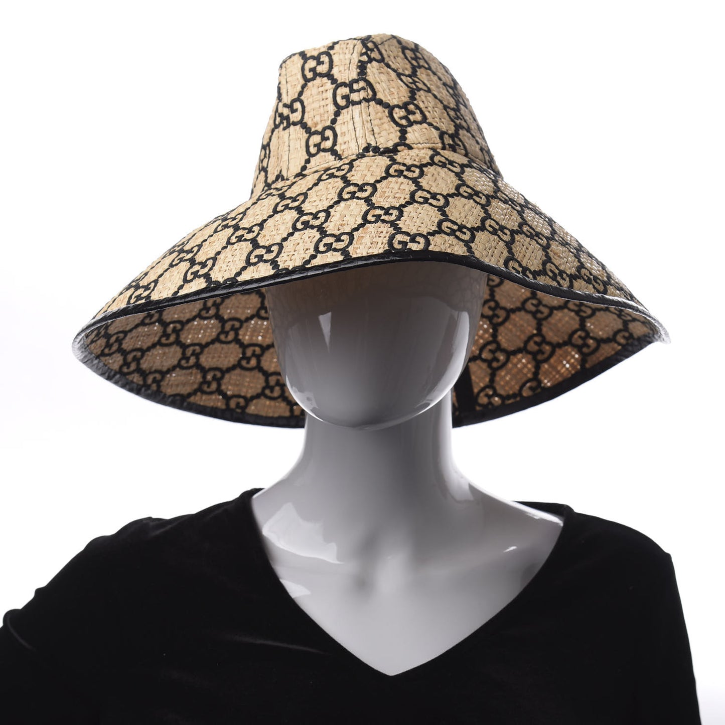 Raffia Elaphe GG Monogram Embroidered Wide Brim Hat Ivory Black
