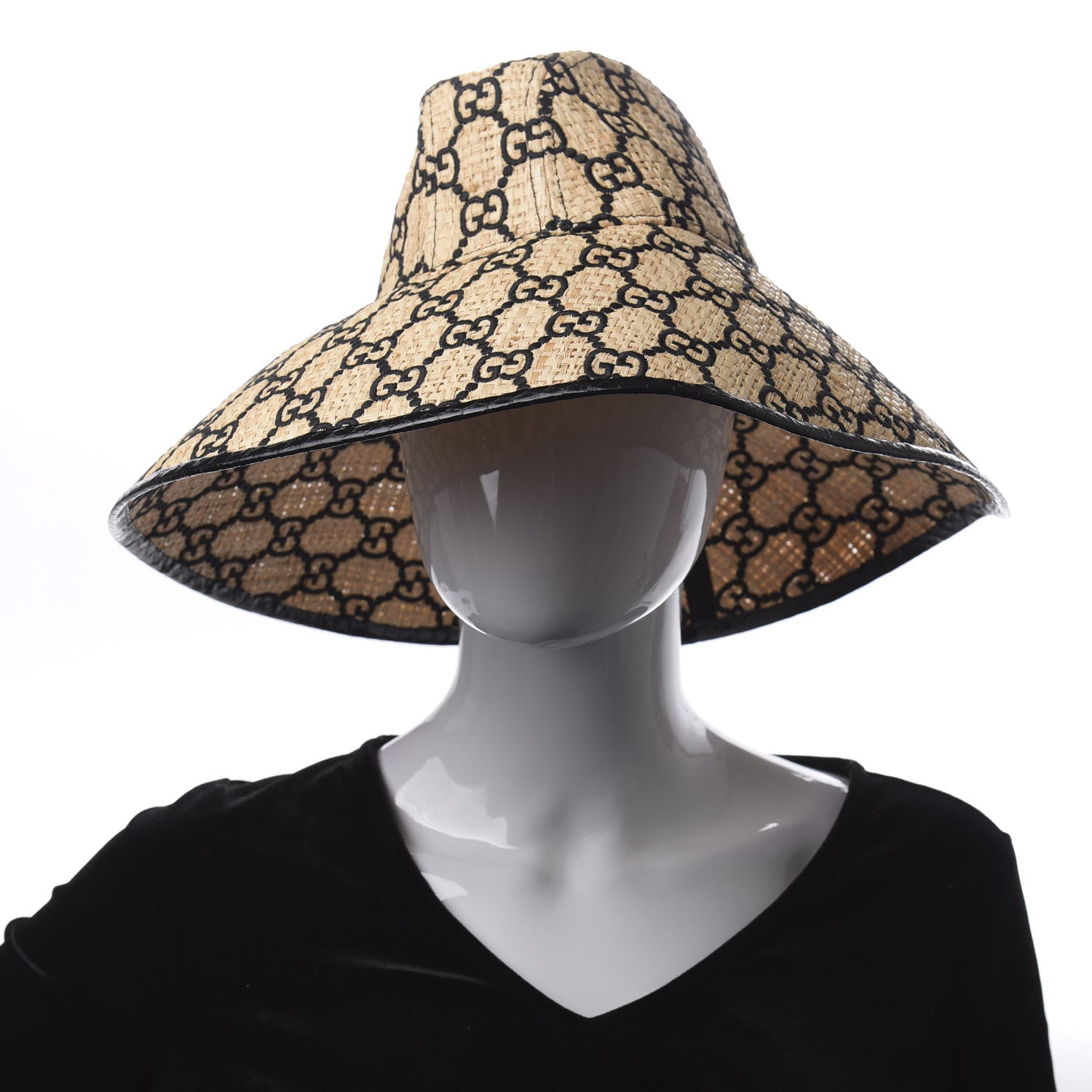 Gucci Raffia Elaphe GG Monogram Embroidered Wide Brim Hat Ivory Black 2 of 8