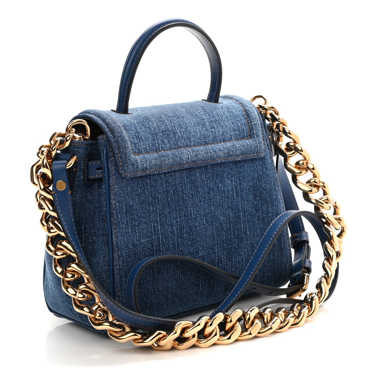 Versace Denim Small La Medusa Chain Top Handle Handbag Navy Blue 2 of 8