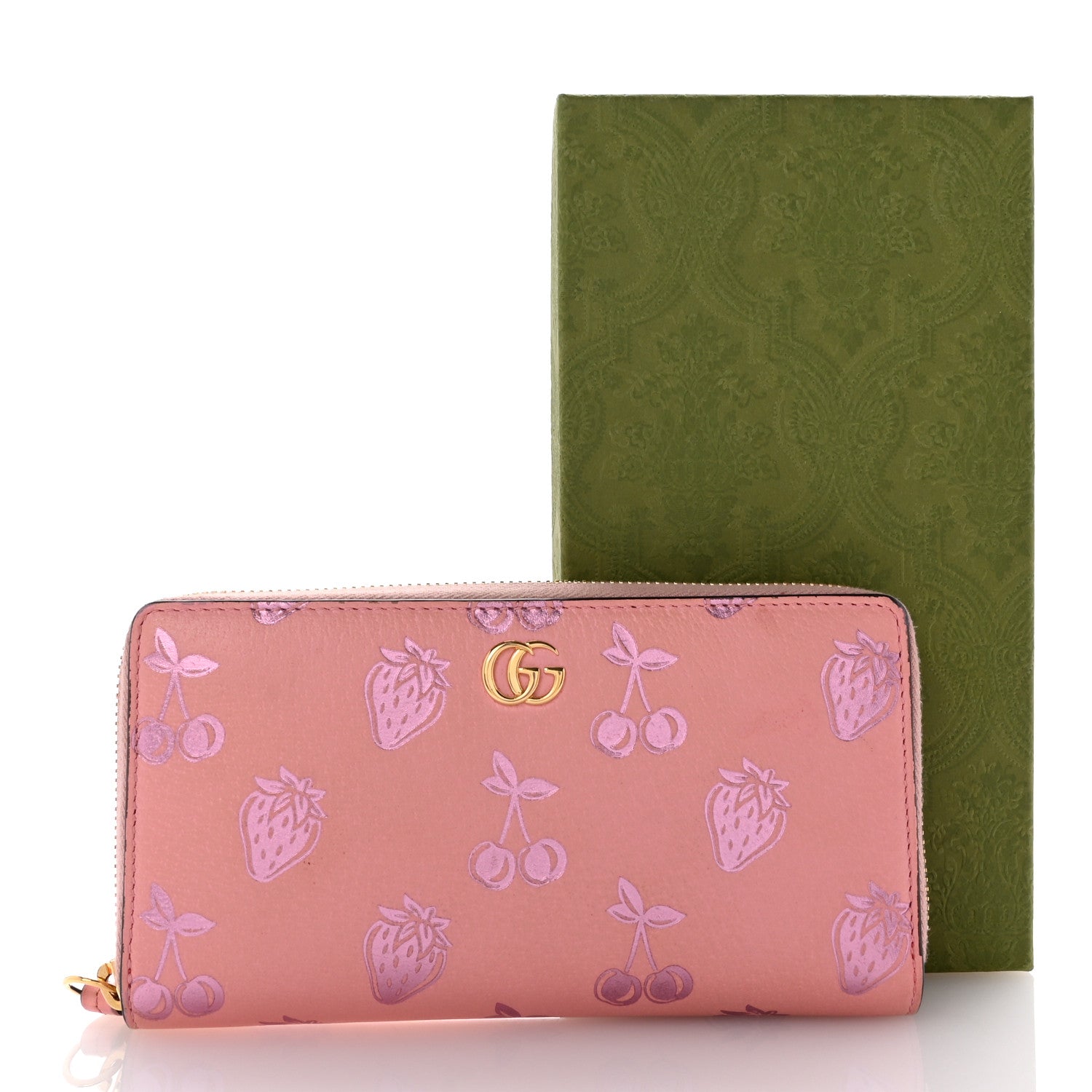 Gucci Textured Dollar Calfskin Berry Print GG Marmont Zip Around Wallet Pink Purple 8 of 8