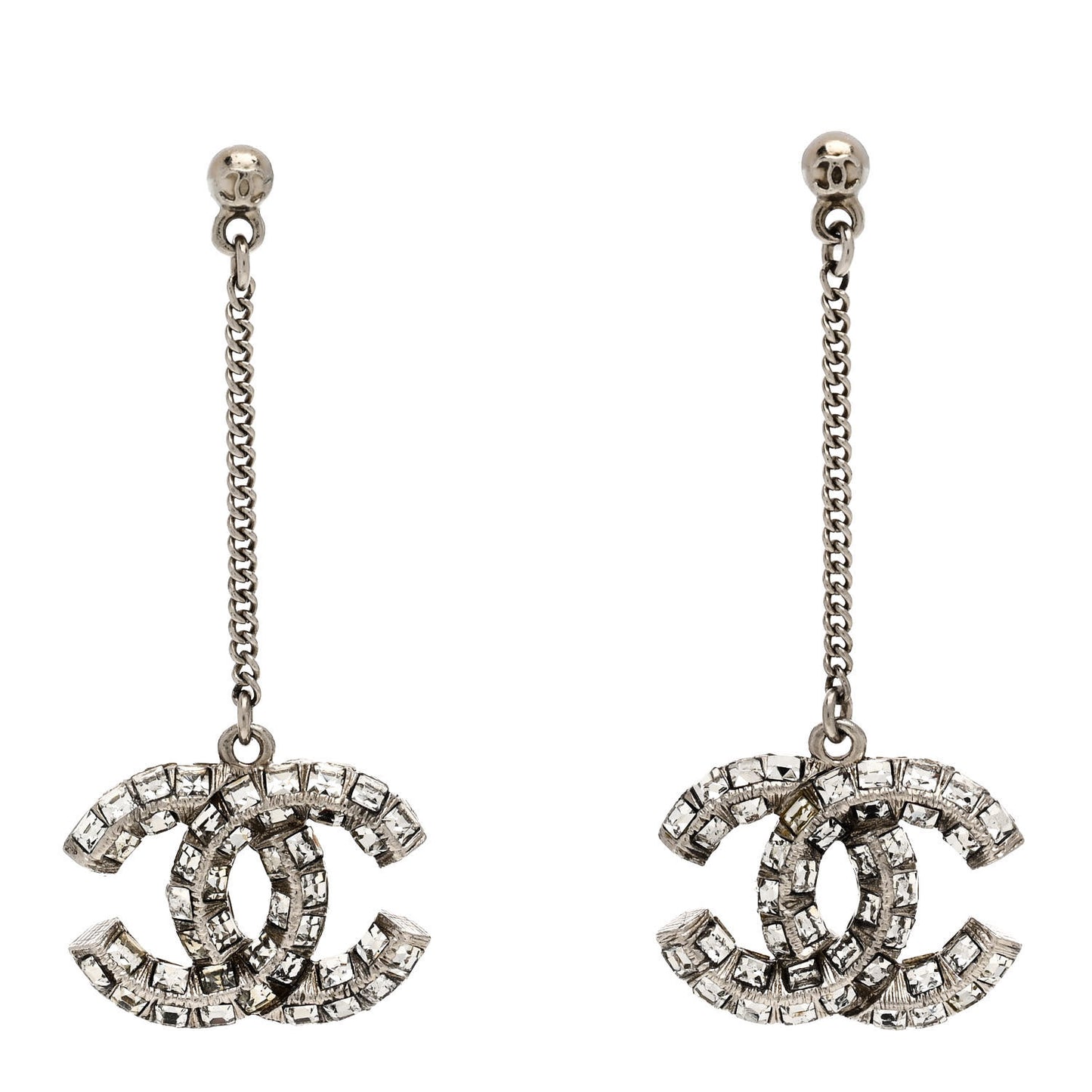 Baguette Crystal CC Drop Earrings Silver