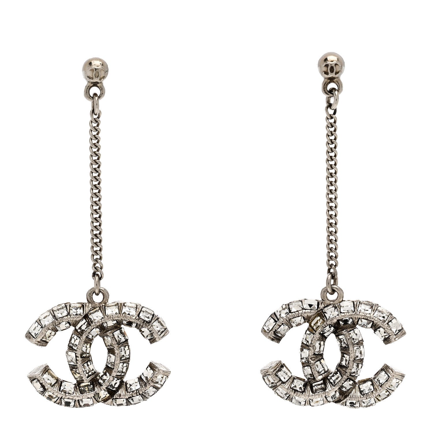 Chanel Baguette Crystal CC Drop Earrings Silver 1 of 5