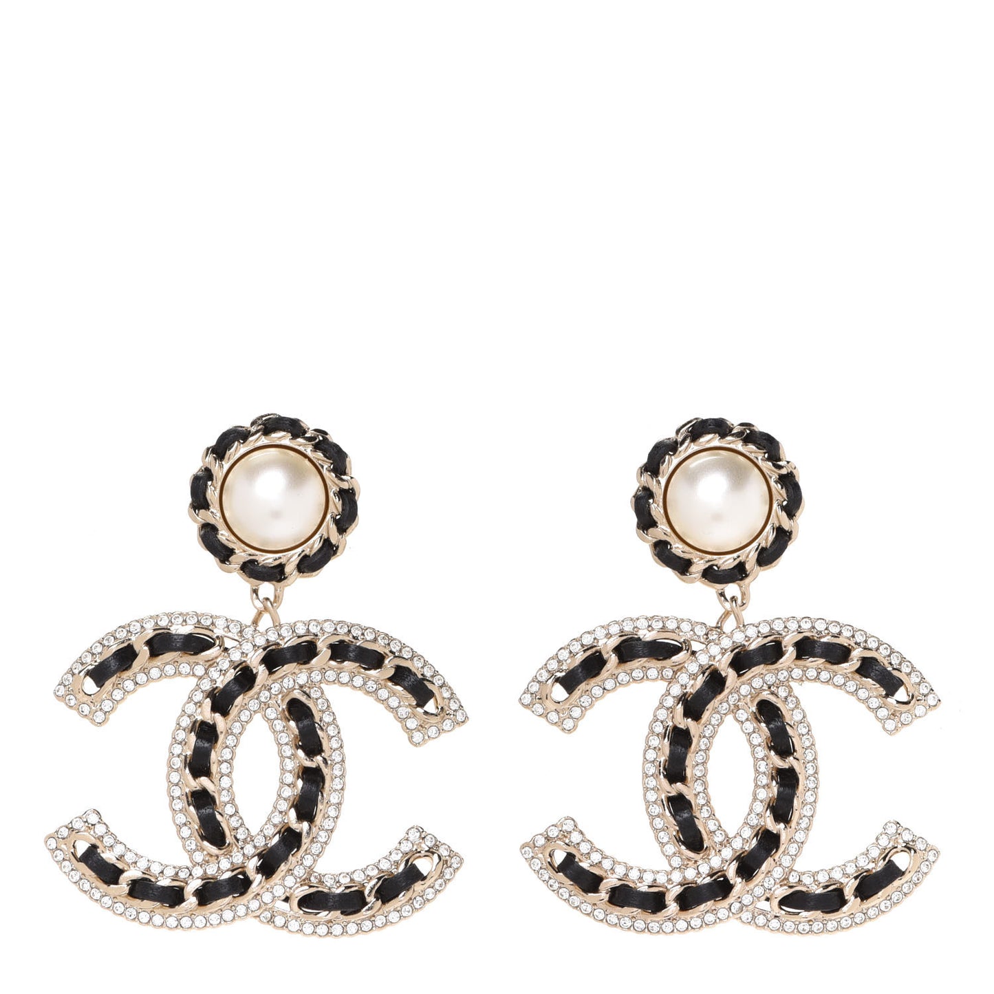 Pearl Lambskin Crystal Chain CC Drop Earrings Black Gold