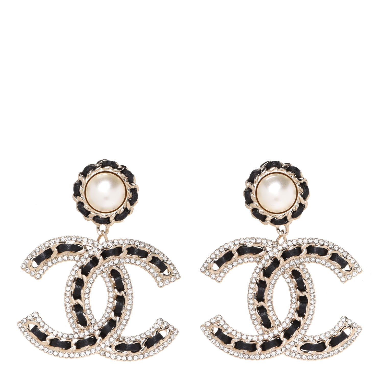 Chanel Pearl Lambskin Crystal Chain CC Drop Earrings Black Gold 1 of 5