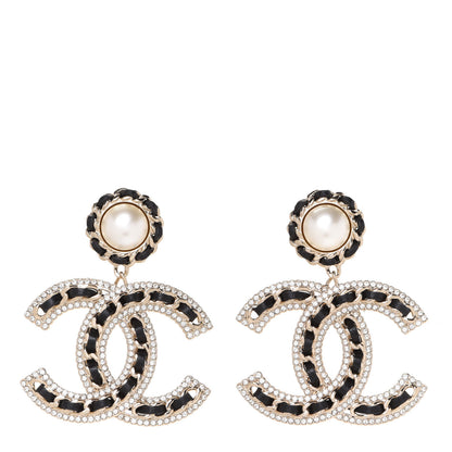 Chanel Pearl Lambskin Crystal Chain CC Drop Earrings Black Gold 1 of 5