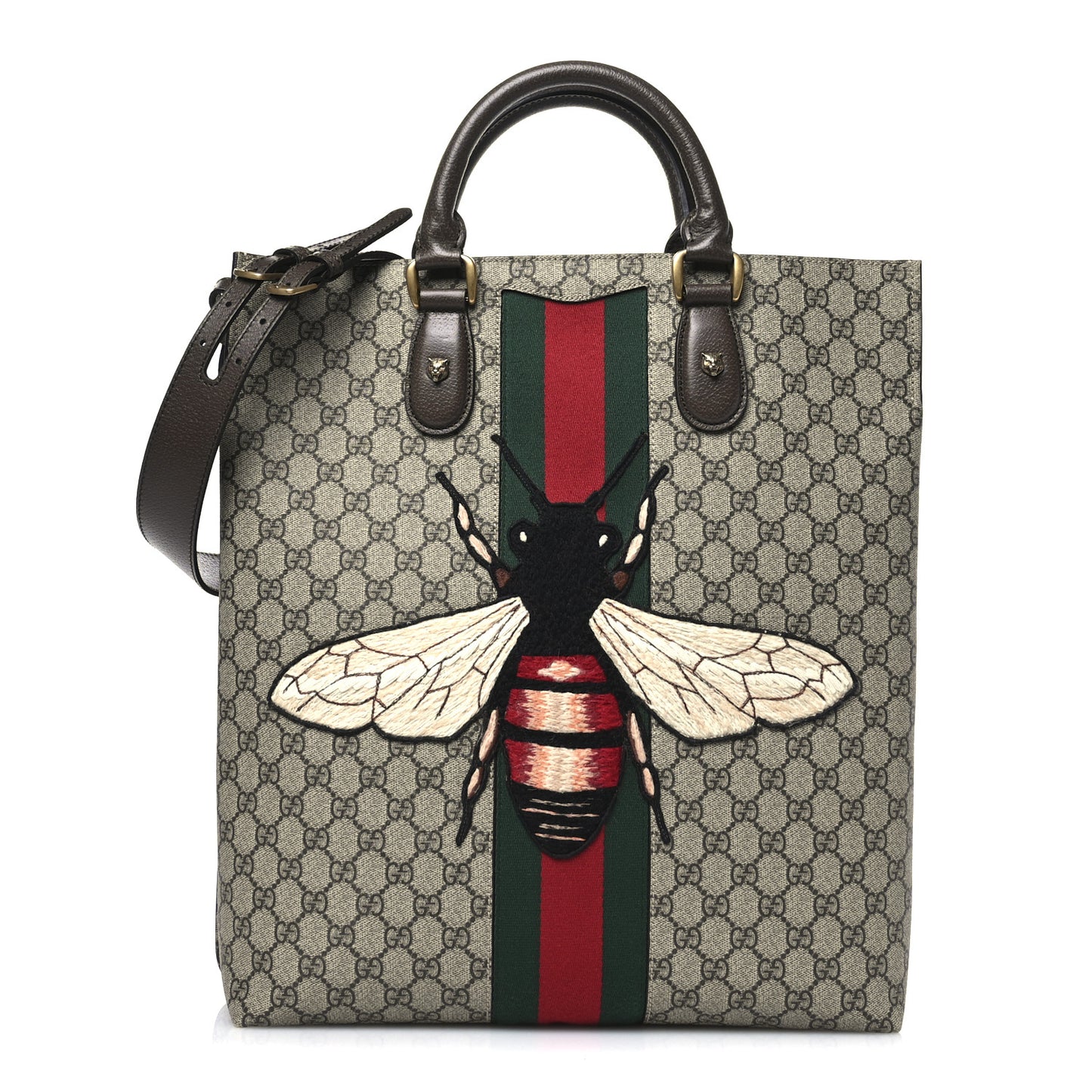 GG Supreme Monogram Web Animalier Bee Vertical Tote Brown