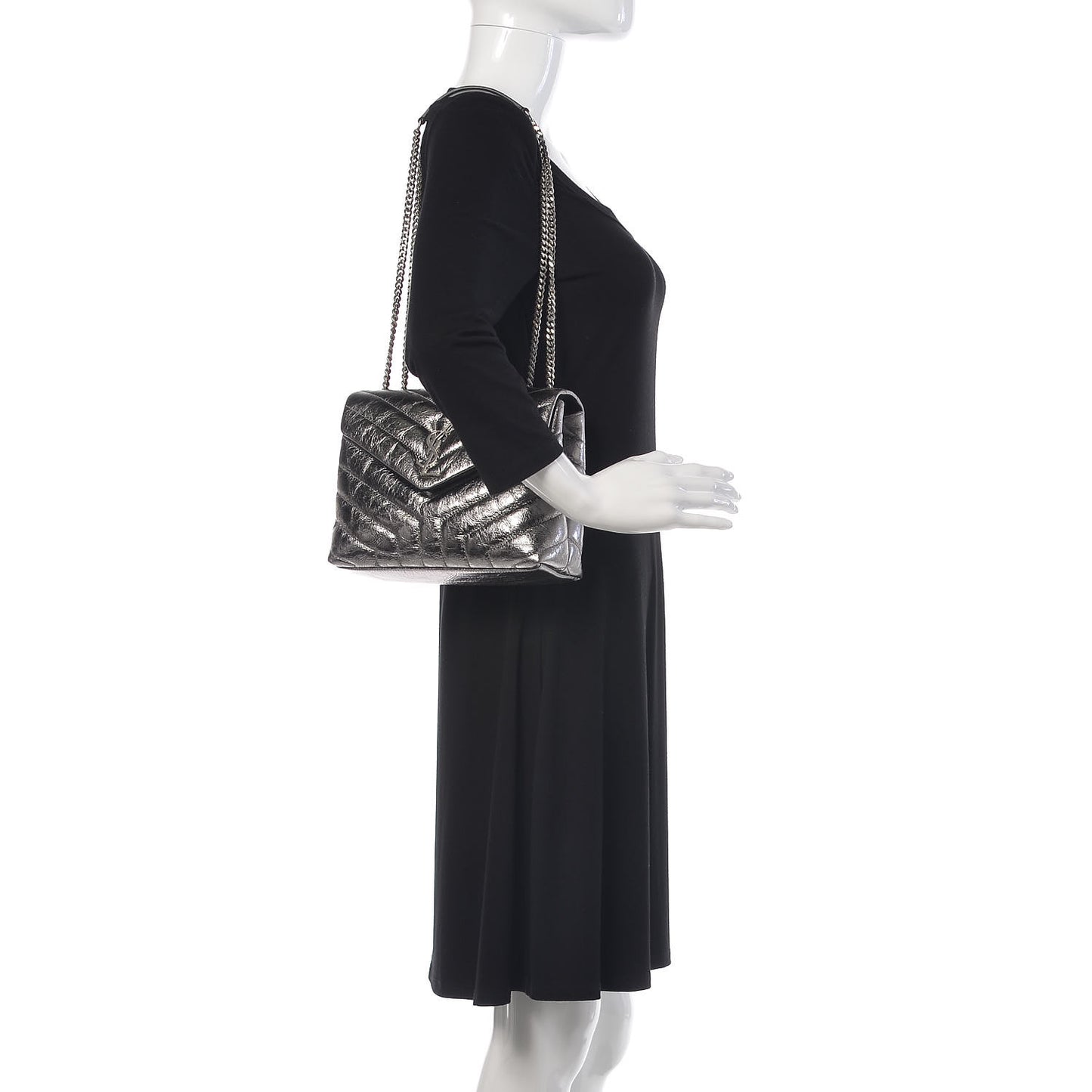 Metallic Calfskin Y Quilted Monogram Small Loulou Chain Satchel Acciaio