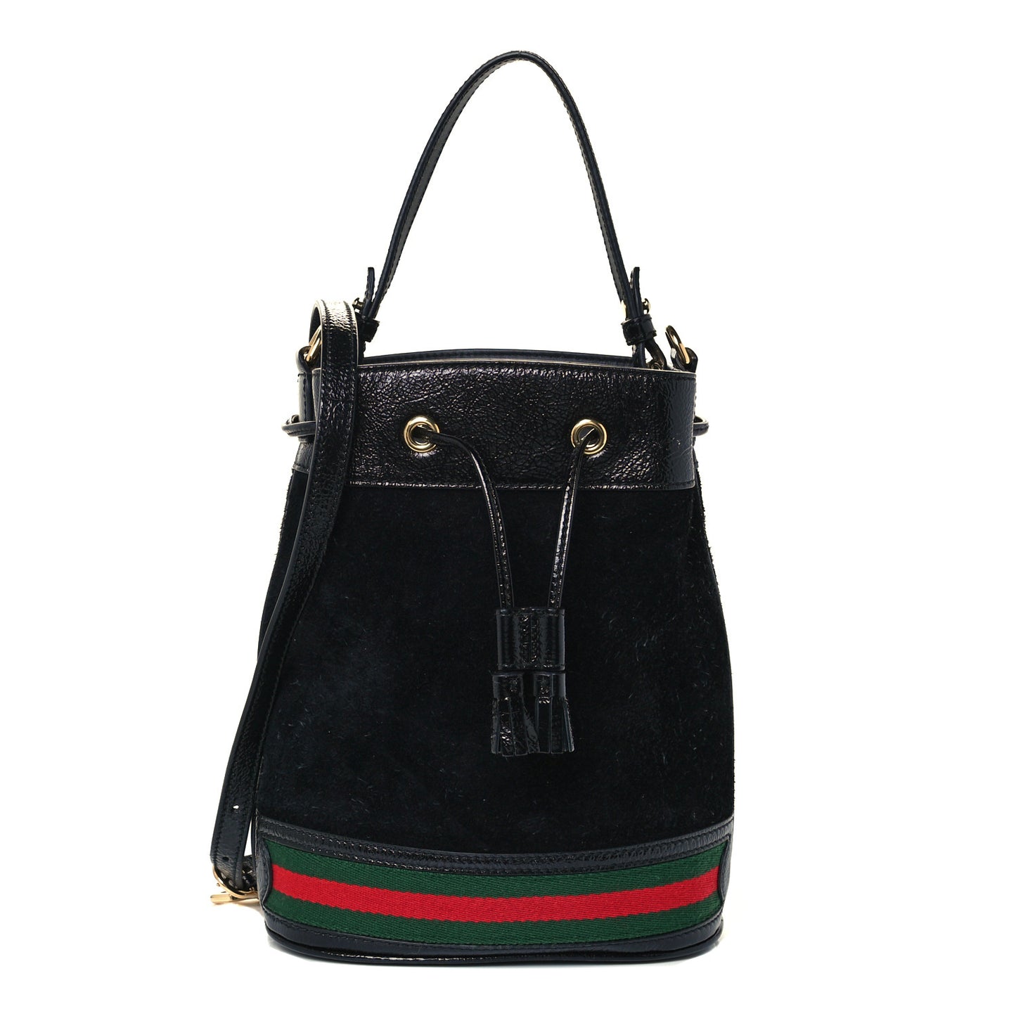 Suede Patent Web Small Ophidia Bucket Bag Black