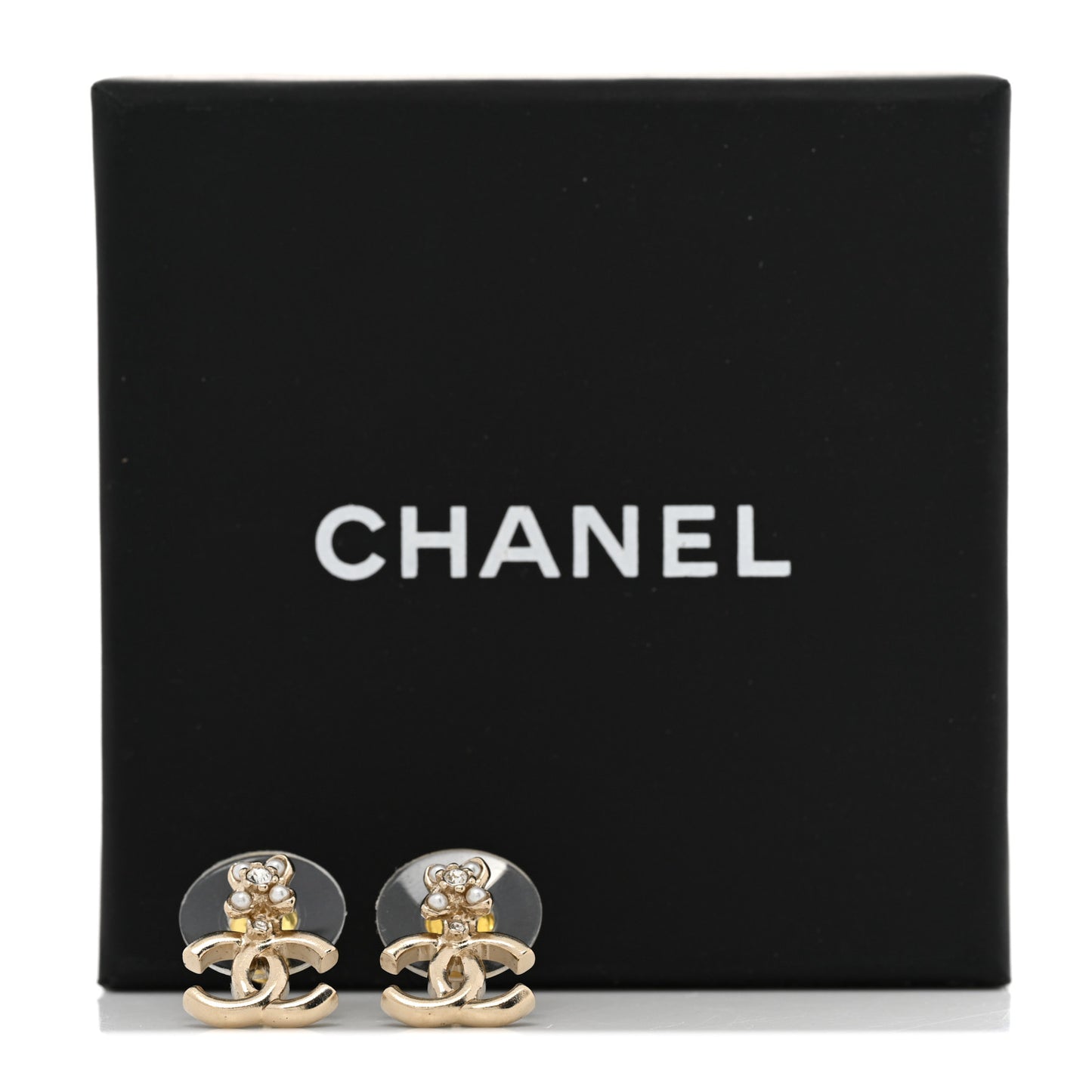 Pearl Crystal CC Stud Earrings Gold