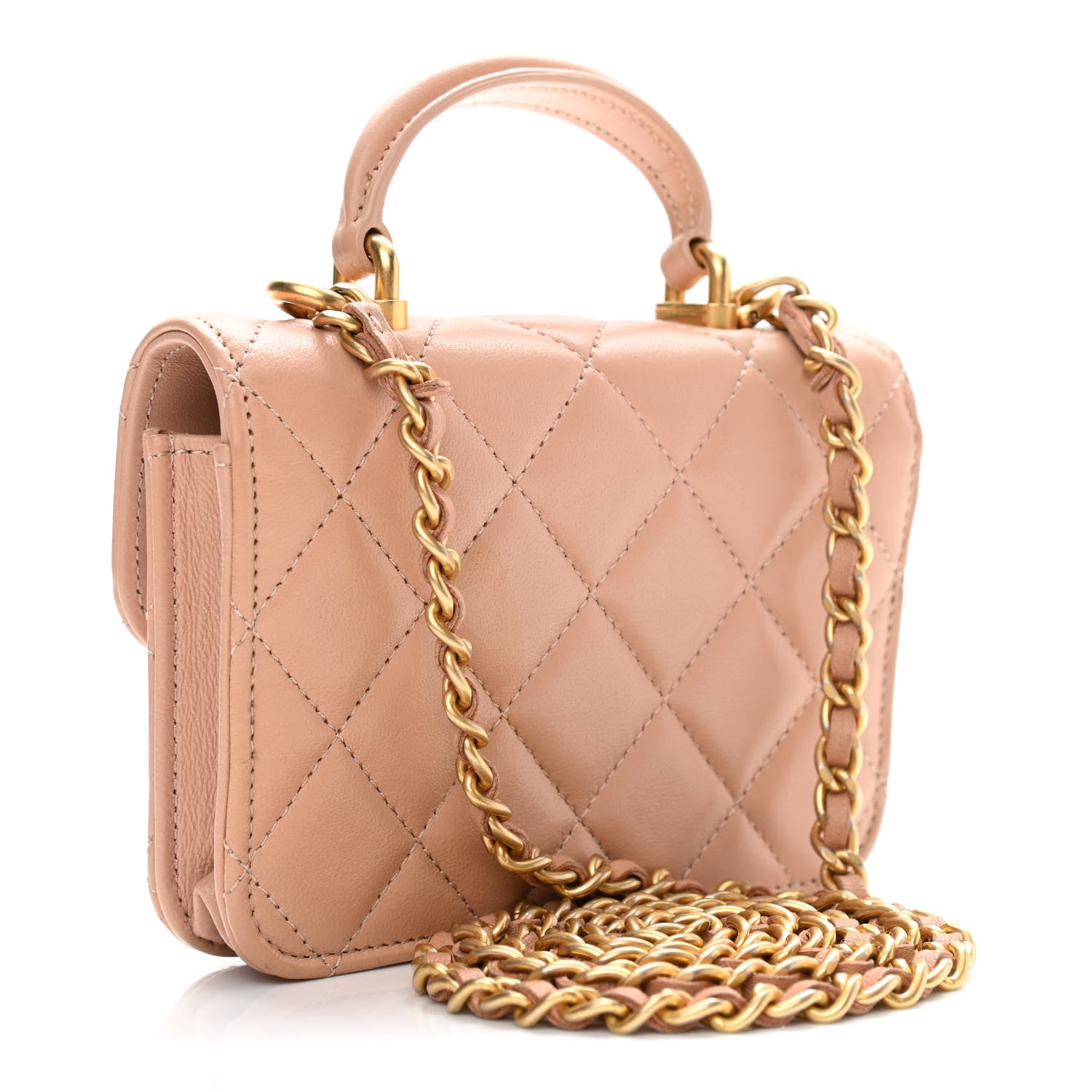 Chanel Lambskin Quilted Top Handle Flap Coin Purse With Chain Beige 3 of 12