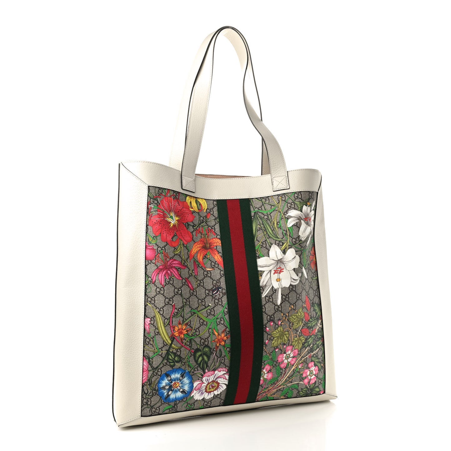 GG Supreme Monogram Flora Web Ophidia Vertical Shopping Tote White