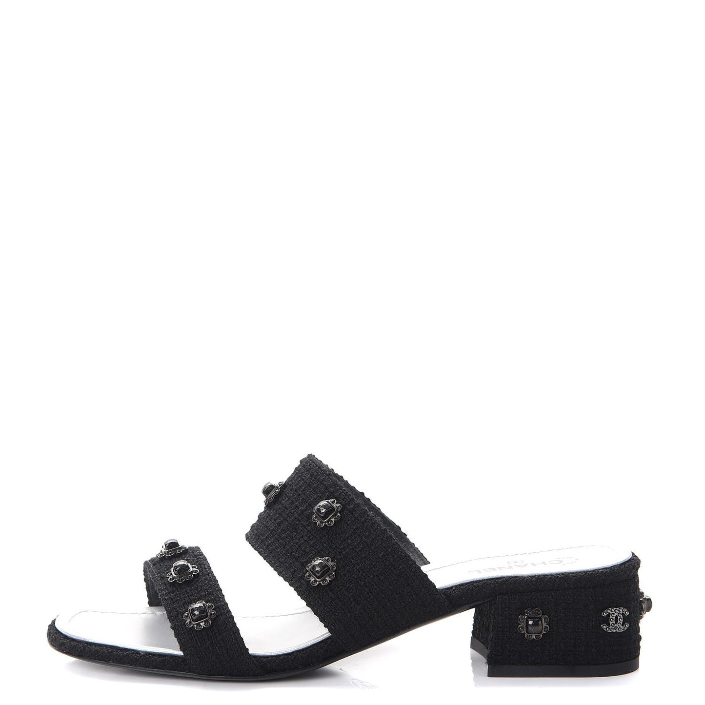 Tweed Gripoix Embellished Slides 38 Black