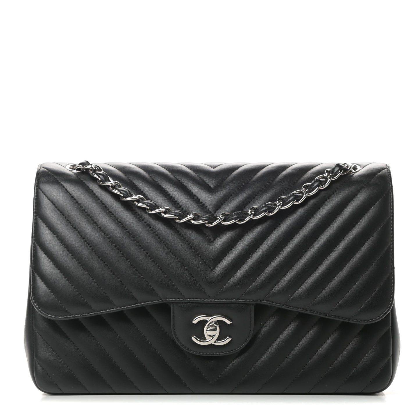Lambskin Chevron Quilted Jumbo Double Flap Black