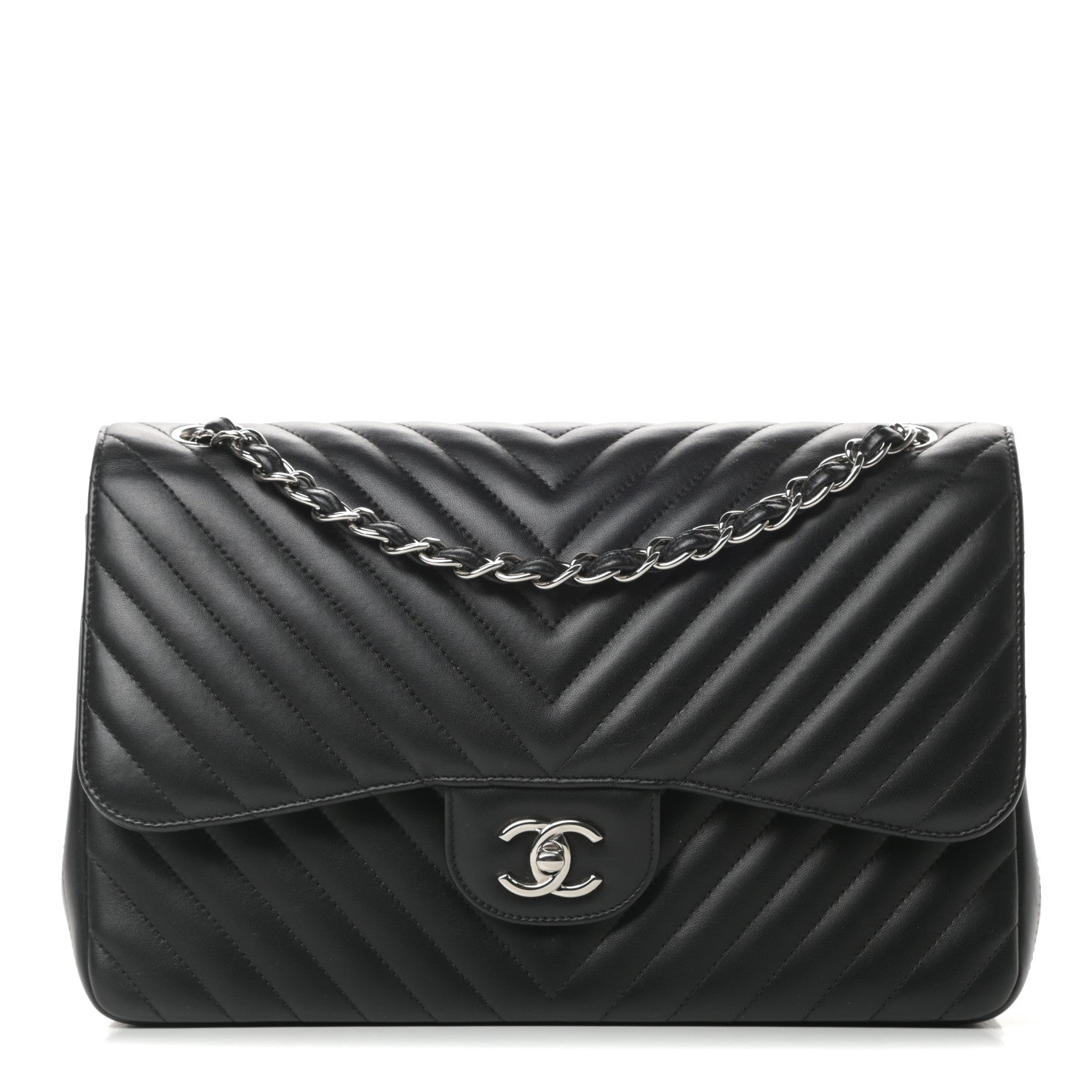 Chanel Lambskin Chevron Quilted Jumbo Double Flap Black 1 of 12