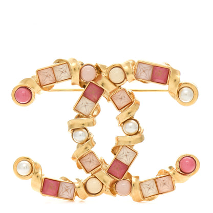 Chanel Pearl Crystal CC Charms Brooch Light Gold Pink 1 of 4