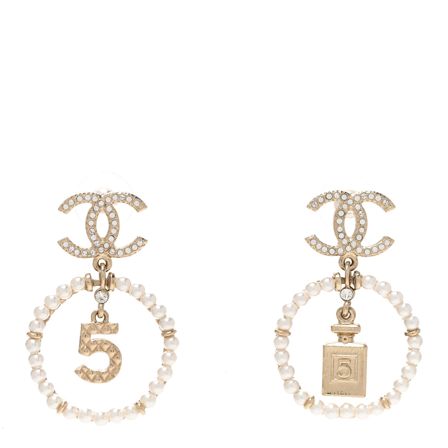 Chanel Crystal Pearl Chanel Charms CC Drop Earrings Gold 1 of 5