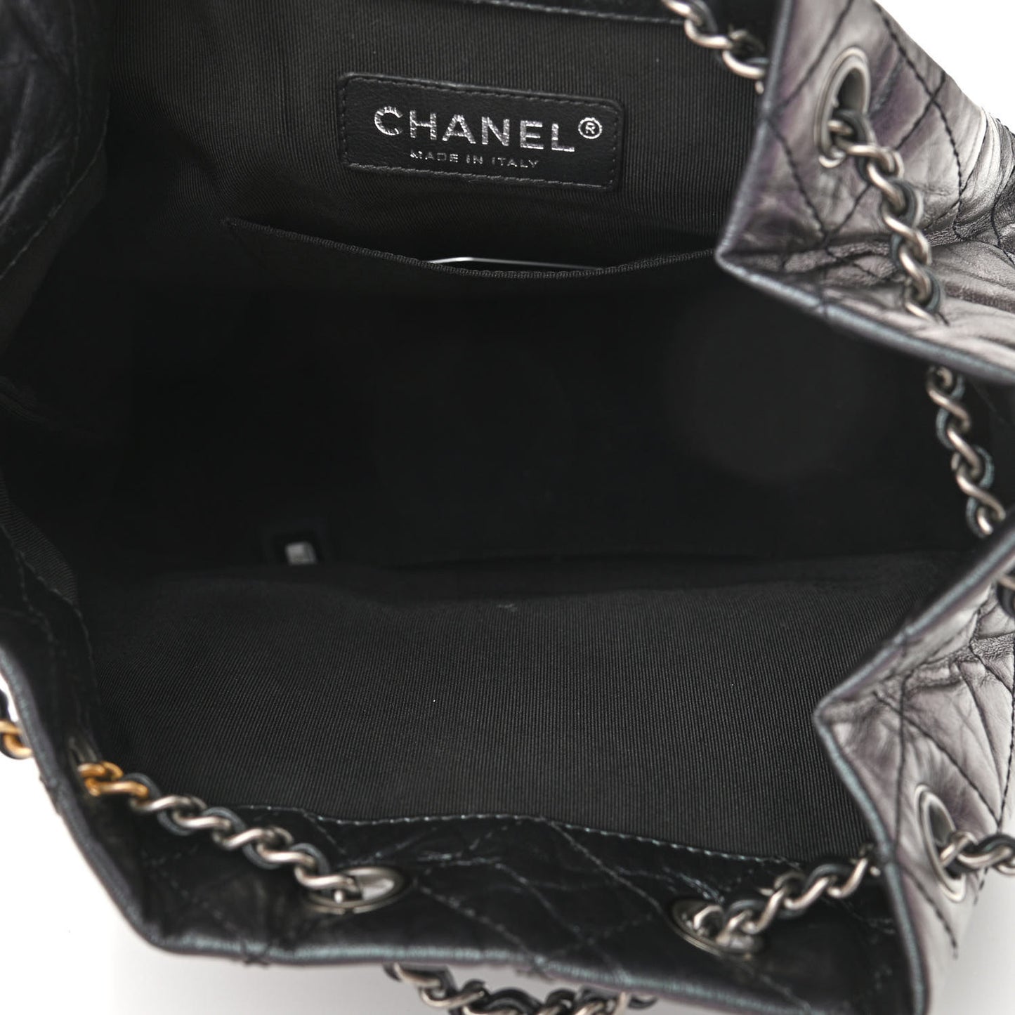 Iridescent Aged Calfskin Quilted Gabrielle Backpack Black