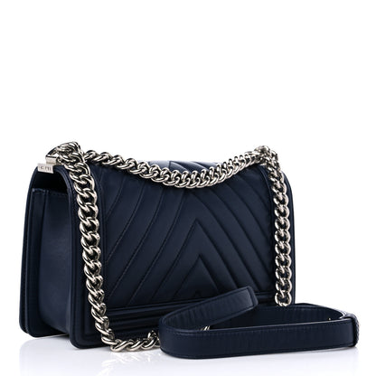 Chanel Calfskin Chevron Quilted New Medium Boy Flap Dark Navy Blue 3 of 9