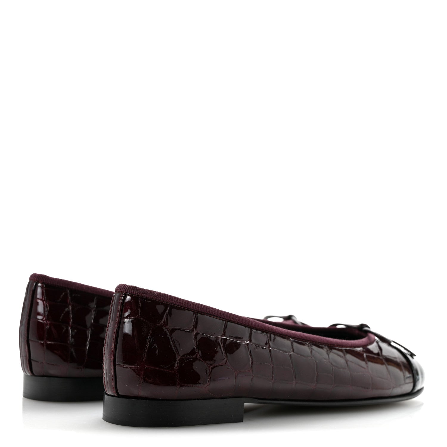 Chanel Crocodile Embossed Patent Calfskin Cap Toe CC Ballerina Flats 37.5 Dark Burgundy Black 5 of 10