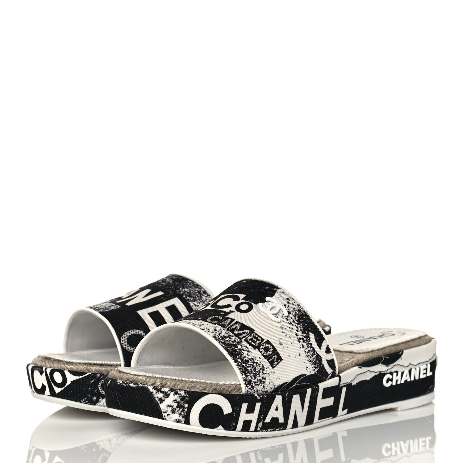Chanel Fabric Grosgrain Printed CC Espadrille Slip On Sandals 40 White Black 3 of 9