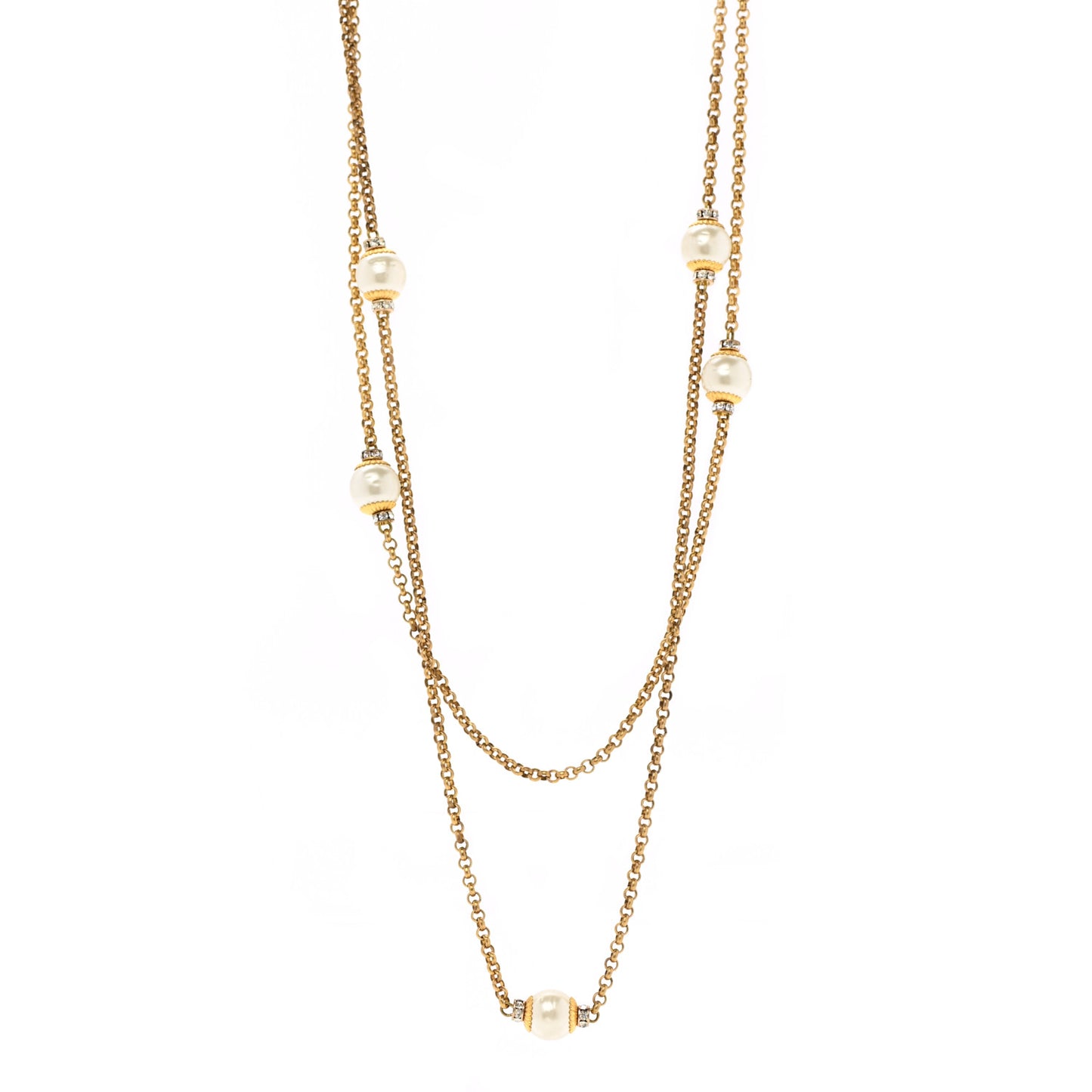 Crystal Pearl Long Necklace Gold
