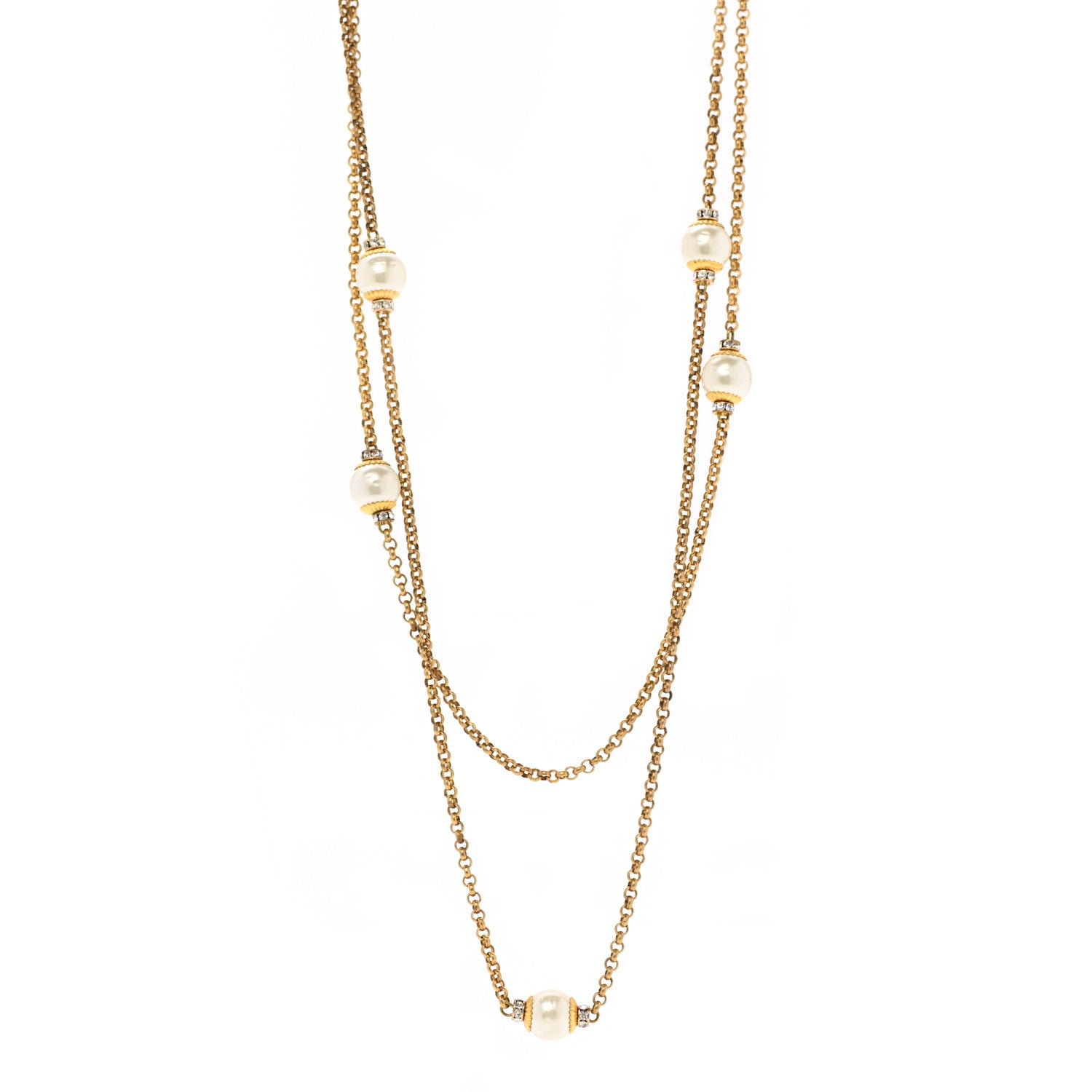 Chanel Crystal Pearl Long Necklace Gold 1 of 5