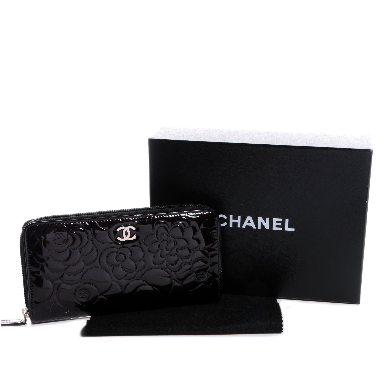 Patent Camellia Embossed Large Gusset Zip Wallet Black