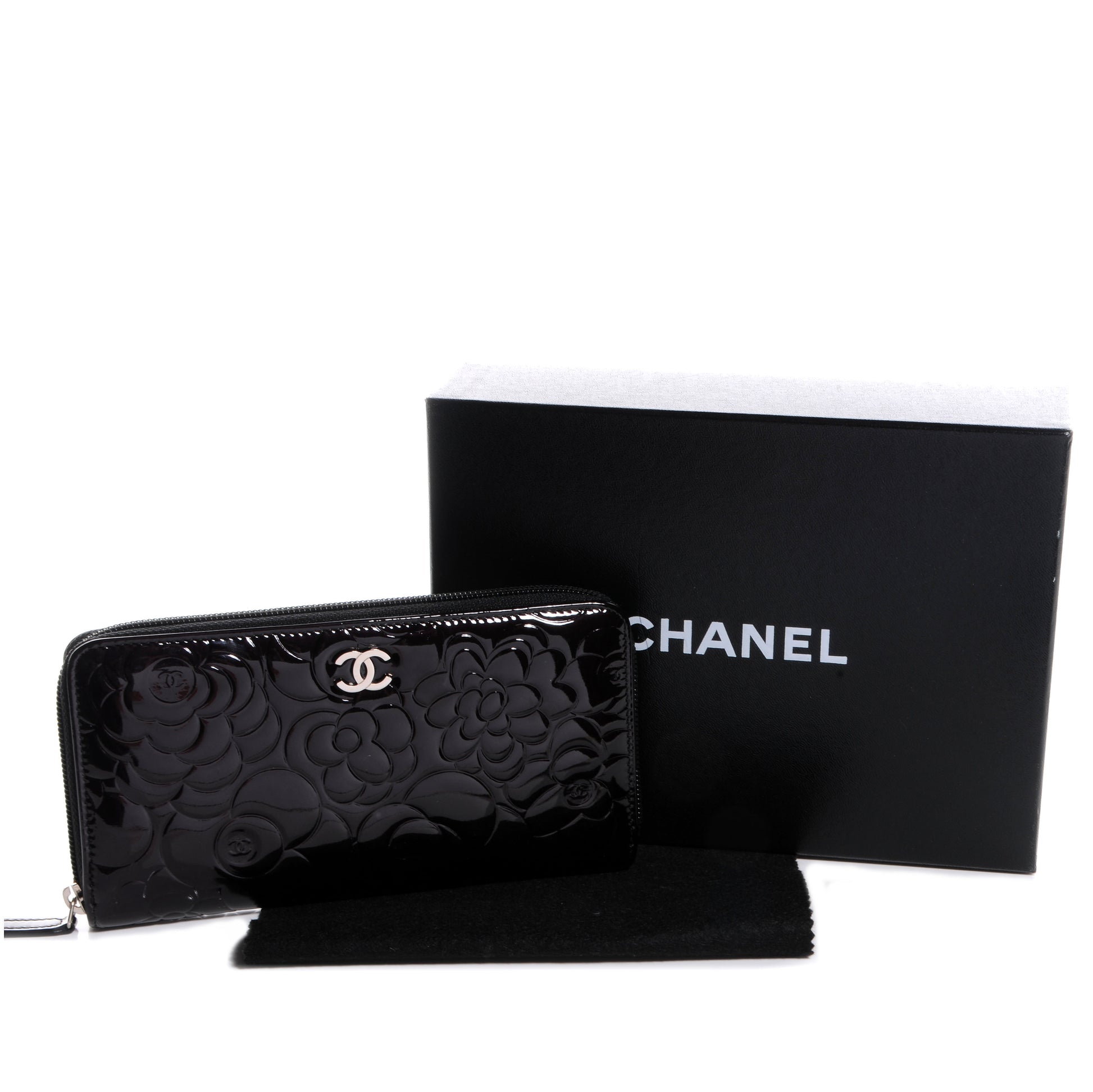 Chanel Patent Camellia Embossed Large Gusset Zip Wallet Black 5 of 9