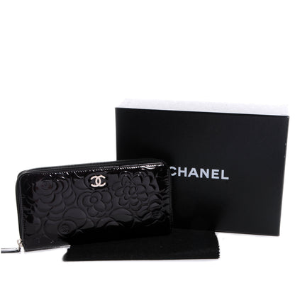 Chanel Patent Camellia Embossed Large Gusset Zip Wallet Black 5 of 9