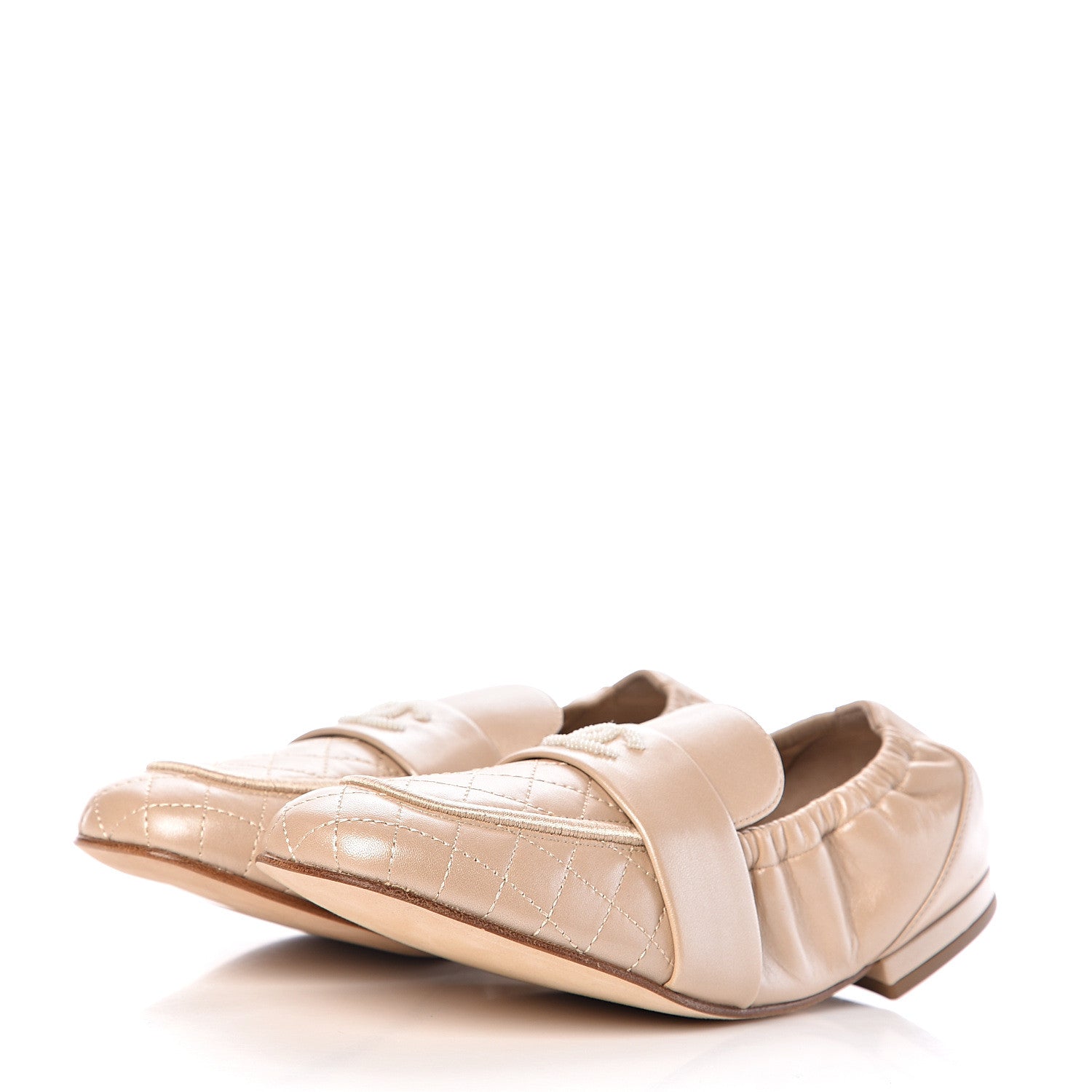 Chanel Laminated Lambskin Womens Quilted Elastic CC Moccasin Loafers 38 Beige 3 of 10