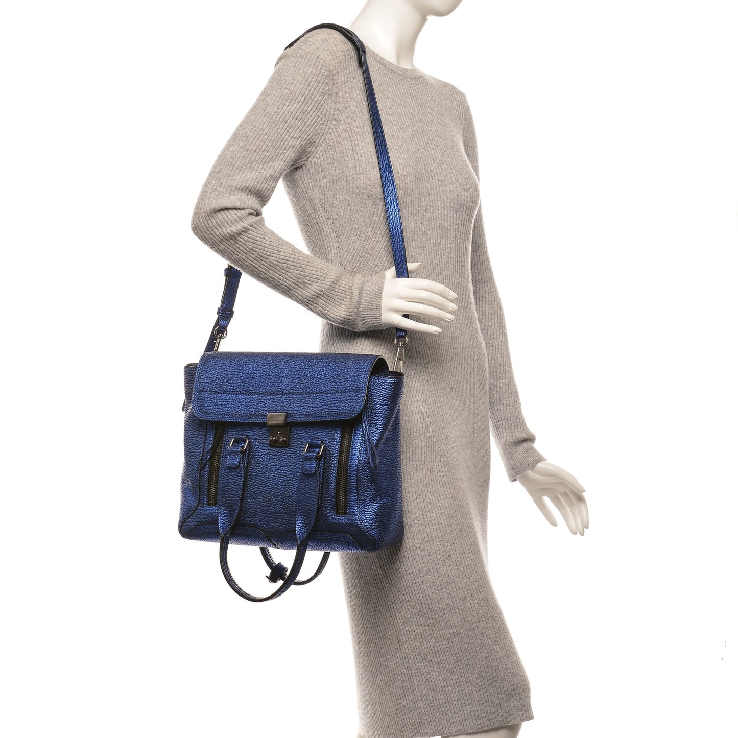 3.1 Metallic Textured Calfskin Medium Pashli Satchel Electric Blue